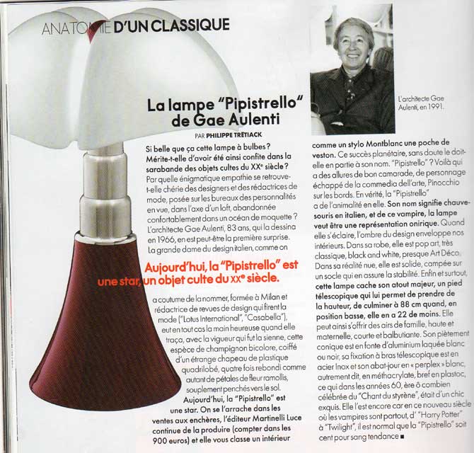  ELLE Dcoration avril 2011 - la lampe Pipistrello de Gae Aulenti chez les dcorateurs Pierre Emmanuel Martin et Stephane Garrotin