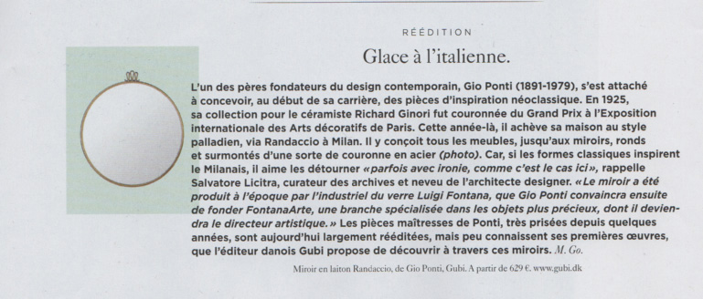 La Press M Magazine parle du miroir Randaccio dessiné par Gio Ponti repris chez GUBI
